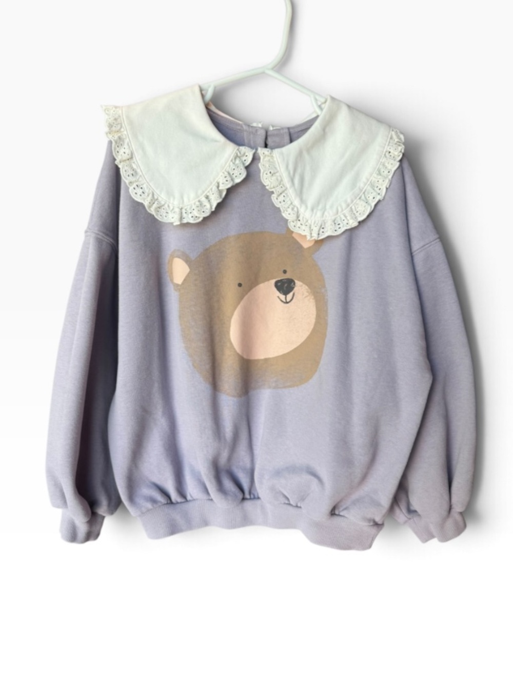 NEXT Girls Lavender Teddy Bear Sweatshirt Peter Pan Ruffle Collar Pullower 6